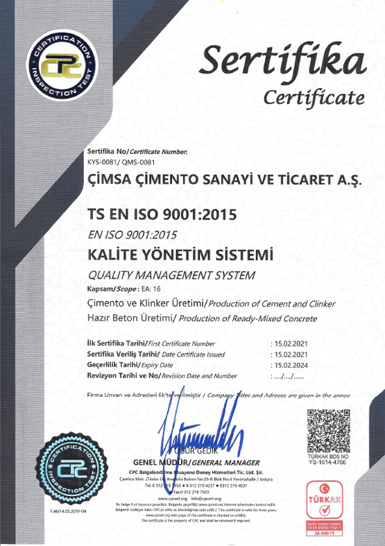 ISO 9001 KALİTE YÖNETİM SİSTEMİ BELGESİ